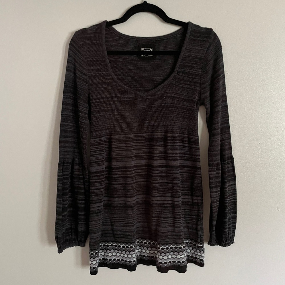 Decree Knit Sweater Top Y2K XL‎ Grey Striped Empire Waist Boho Balloon Sleeve